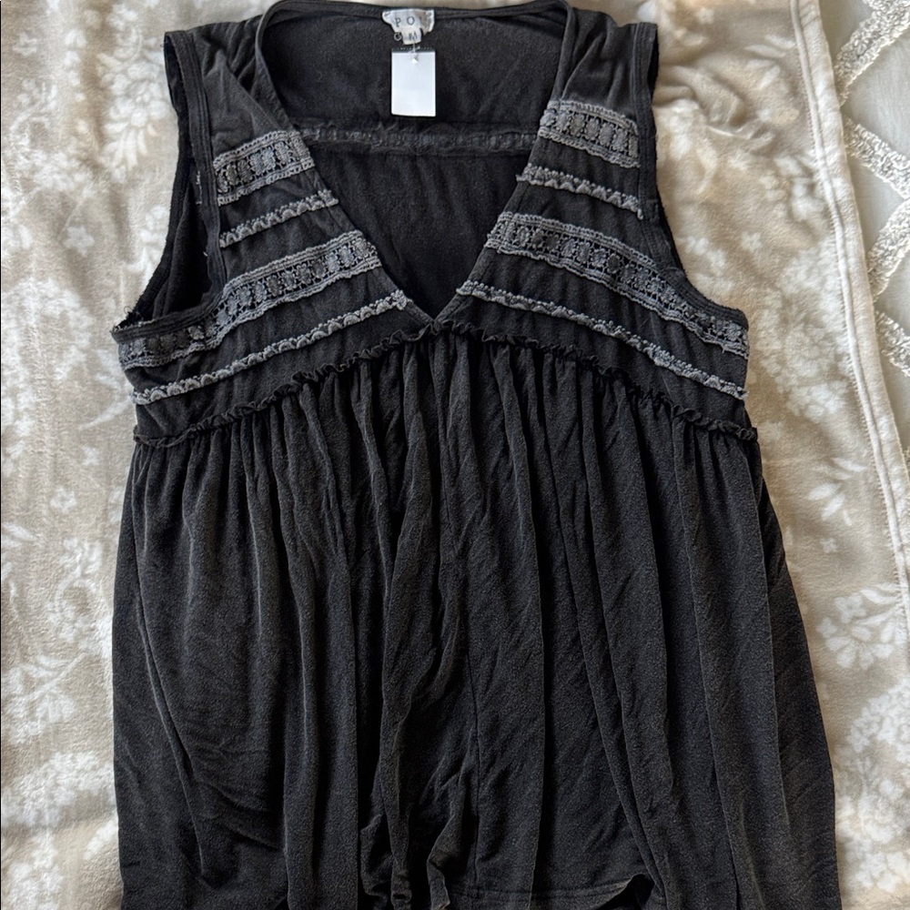 POL Black Sleeveless Top with Lace Accents